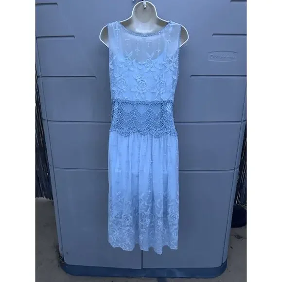 SUNDANCE Love Always Blue Lace Overlay Midi Dress Sz 6 Beach Coastal Romantic - Picture 8 of 14